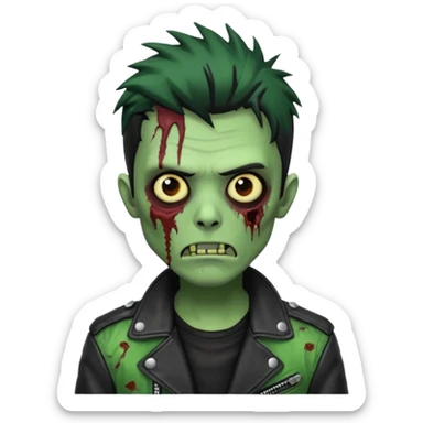 Hombre zombie de piel verde con chaqueta de cuero punk, pelo negro sticker