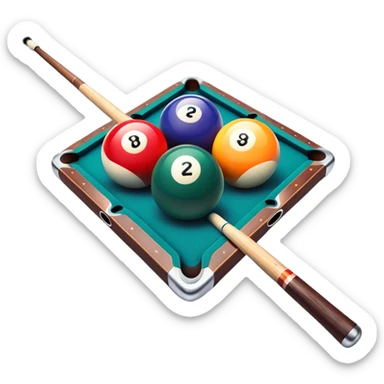 Two crossed pool cues resting on a billiard table, with colorful billiard balls scattered across the surface. The background features the felt of the table, creating an inviting atmosphere for a game of precision and strategy sticker