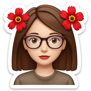 Hawaii female with fair skin. Shoulder length straight brown hair. Brown eyes with glasses. Flower in hair sticker