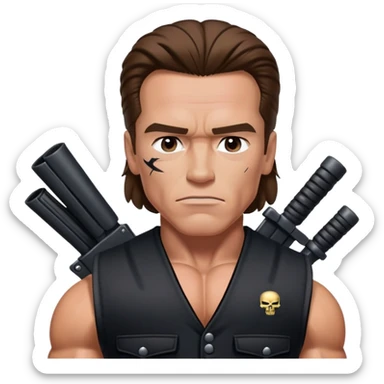 Young Arnold Schwarzenegger wearing a black vest from commando poster with war makeup on ready to fight (seen above the chest) sticker