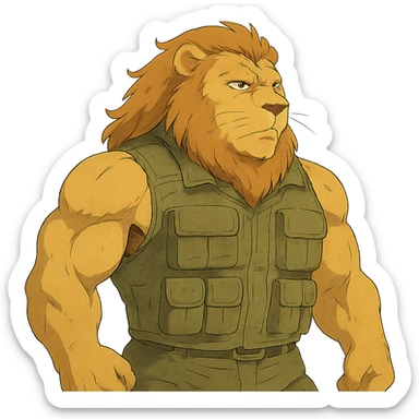 muscular lion wearing a military vest sticker