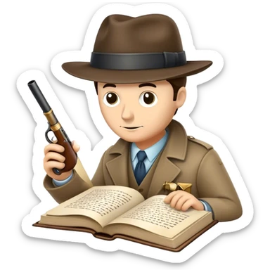 Icon for Detective Reading: an open book with text and a magnifying glass on the pages, a classic detective hat, and a pipe, surrounded by clues like footprints, a revolver, and a notepad. The icon should represent the mystery and intrigue of detective stories. Transparent background. sticker