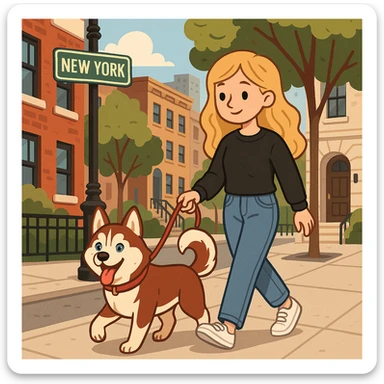Cute Blonde woman wearing a black sweater and jeans and white sneakers walking a happy red-brown blue-eyed Siberian husky in New York City on an upper east side city sidewalk, flat toon style  sticker