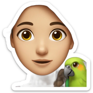 A girl with brown eyes and long brown hair and two parrots sticker