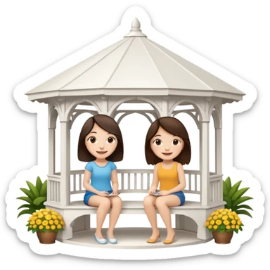 Two small brunette women sitting inside a large white gazebo sticker