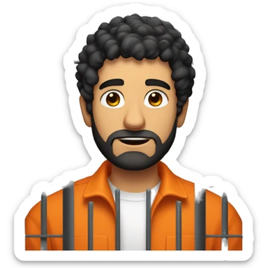 an italian man with an orange jumpsuit on and curly black hair and a stubble beard  behind jail bars sticker