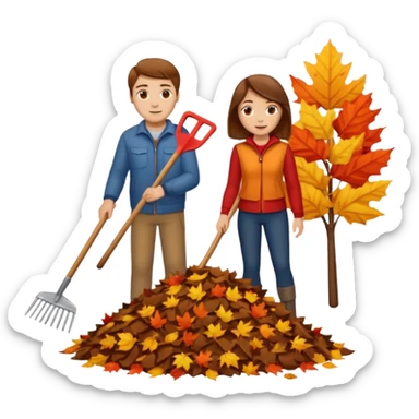 a couple man and woman both brown hair light skin racking leafs sticker