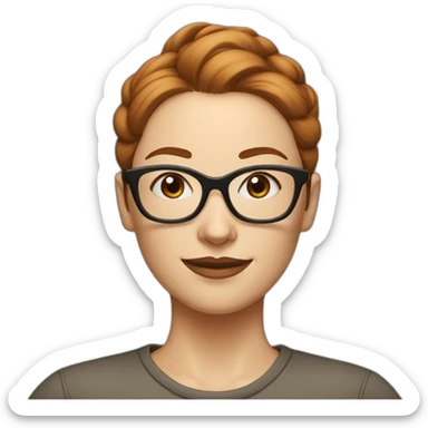Woman, middle aged, light beige skin, brown-red hair in a bun, rectangle glasses sticker