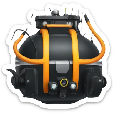 ROV that is black and have orange pontoons and a yellow cable hanging from the back sticker