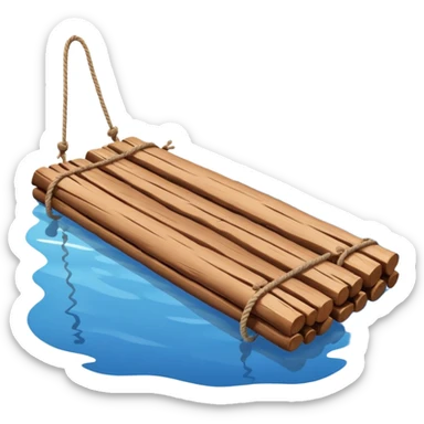 showing a simple wooden raft floating on calm blue water — made of several brown logs tied together with rope — gentle ripples around it — bright, cheerful lighting and soft shadows — minimalist, clean emoji design sticker