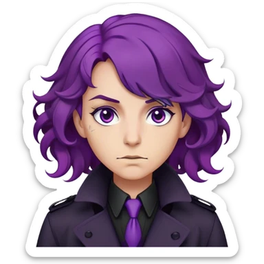 A noir-style detective with wavy purple hair, black trench coat, and piercing violet eyes sticker