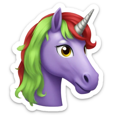 Purple unicorn, cartoony, my little pony, lime green eyes, red hair sticker