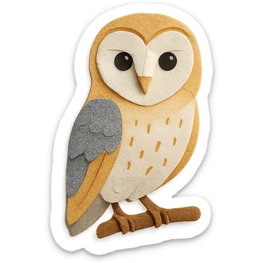barn owl on a branch, layered paper details, expressive dark eyes, white face, golden and gray plumage sticker