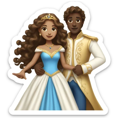 A princess with, brown long hair  and a long white dress with jewelry dancing around with a prince that is dark skin and curly brown hair with a blue and gold outfit  sticker