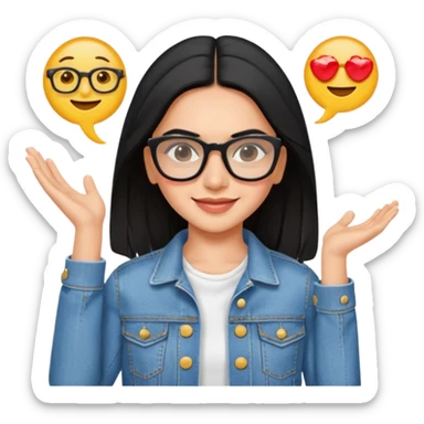 generate a pretty bratz emoji 
Make her wear a white dress with a denim jacket over it. black hair side part 

She should look exactly  like Deepika padukone. wearing rectangular spectacle sticker