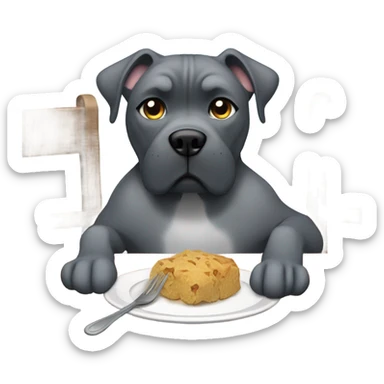 A blue-colored Cane Corso eating at a table with fork and spoon. sticker