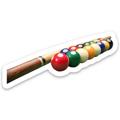 A close-up of a pool cue aimed at a set of colorful billiard balls resting on a green felt table. The focus is on the cue stick and the arrangement of balls, with subtle details of the game’s texture and atmosphere, emphasizing the precision and skill of billiards. sticker