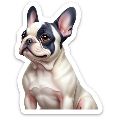 Cinematic Noble Pied French Bulldog Portrait Emoji, Radiating regal yet playful charm, with a distinctive pied fur of contrasting hues and a sculpted, expressive face featuring gentle, wise eyes and a confident stance, simplified yet artistically detailed, glowing with a soft, sophisticated radiance, high shine, exuding intelligent nobility and refined flair, soft glowing outline, capturing the essence of a noble Pied French Bulldog that embodies both strength and grace! sticker