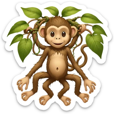A whimsical character with human feet, tangled plant roots as legs, and a smiling monkey head sticker