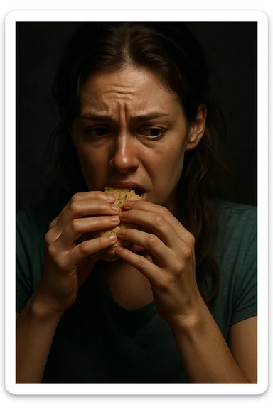 realistic and cinematic image of a woman with nervous hunger due to menstrual cycle, realistic details, clinical dramatic lighting, no text, vertical 2:3 format sticker