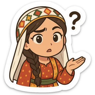Kurdish man or woman in jamadani, cartoon style, confused or questioning expression with one eyebrow raised, hand up as if asking 'really?', no text sticker
