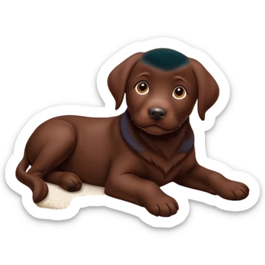 A chocolate Labrador Retriever puppy lying on a cozy carpet indoors, looking curious. Warm indoor light, realistic fur detail, shallow depth of field. sticker
