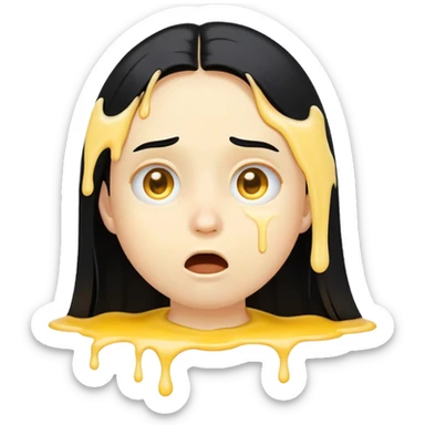 simple emoji, surprised face, classic yellow circular genderless emoji, 😮, long black hair, BREAK. goopy white liquid dripping from cheeks, goopy white cream on lips, goopy white cream in mouth sticker