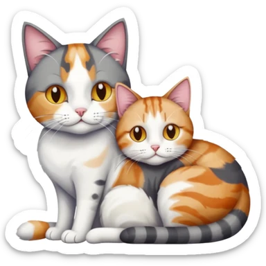 full body colourful light patched calico + white tabby cat cuddling a bigger cat that is dark grey and white tabby cat  and they are in love sticker