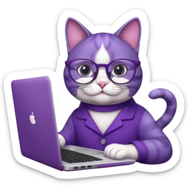 smart purple cat in glasses with laptop sticker