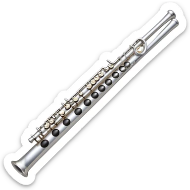 Create an elegant and refined emoji representing a classical silver flute. The design should showcase the sleek, polished silver body of the flute with its keywork and tone holes clearly visible. Highlight the smooth, straight shape of the instrument with subtle light reflections on its metal surface. The keys should be delicately detailed, with their small, round pads visible. Add a slight shine to the flute’s surface to reflect its high-quality craftsmanship. Optionally, include subtle musical notes floating around the flute to evoke its light, melodic sound. The background should be transparent. sticker