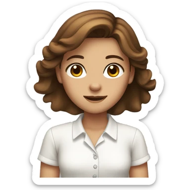 A brown hair girl with brown eyes waving with a white shirt sticker