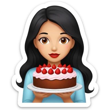 Beautiful girl with long black hair holding a strawberry cake sticker