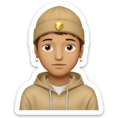 {
  "type": "human",
  "look": "male, tan hoodie, brown cap, gold jewelry, calm face, front view",
  "description": "a young man wearing a hoodie and cap, looking relaxed and confident"
} sticker