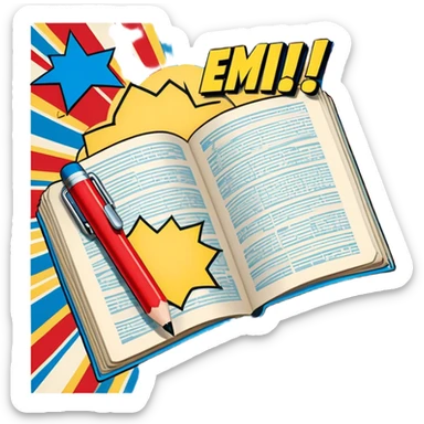 Create a vibrant emoji, representing comic books and graphic novels as an art form. The design should feature a large, opened comic book with vintage comic panels on the pages. Include a pencil (without a hand), writing text or sketching on the pages. The comic panels should have bold lines and retro-style artwork with classic comic book visuals. Use bright, energetic colors like red, yellow, and blue to evoke excitement and creativity. The overall design should feel dynamic, vintage, and artistic. Make the background transparent. sticker