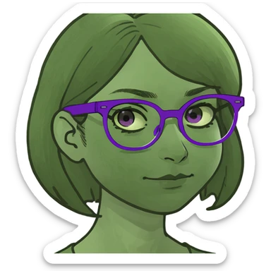 Girl, red shirt, long brown hair, green eyes, purple glasses, blue jeans, relaxed while hugging a cat sticker