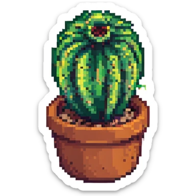 a green cactus in a pot, pixel art style sticker