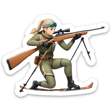 An icon showing a snowy landscape with pine trees, mountains, and a clear sky with a biathlete aiming a rifle in the foreground, wearing winter gear and skis. Transparent background emphasizes the precision, endurance, and beauty of this winter sport. sticker