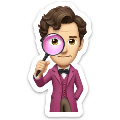 Benedict Cumberbatch-like Sherlock Holmes all in all intensive pink suit holding magnifying glass, upper body sticker