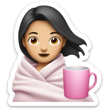 Asian girl with dark hair wearing a white blanket and holding a pink mug sticker
