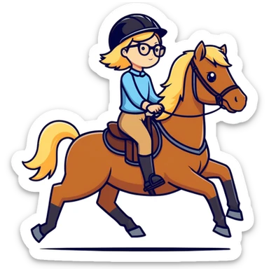 Blonde haired girl with glasses on and wearing a helmet riding a brown. horse sticker