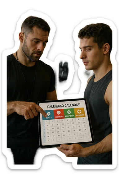 realistic cinematic photo a personal trainer and a client stand in a modern gym, reviewing a large, color-coded training calendar or chart on a tablet. The calendar shows different phases (Forza, Ipertrofia, Resistenza, Recupero) with icons and dates. Around them, gym equipment and motivational posters reinforce the idea of structured, periodized training. in italiano sticker