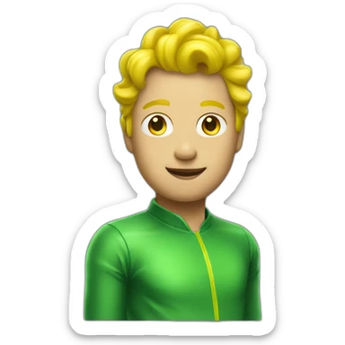 person with a green latex suit and yellow hair sticker