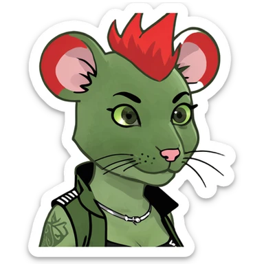 gothic mouse girl nezumimi with red mohawk, green eyes, punk fashion, emoji meme style, exaggerated facial features sticker