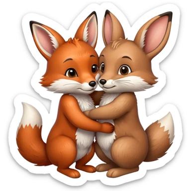 A fox hugs a brown bunny sticker