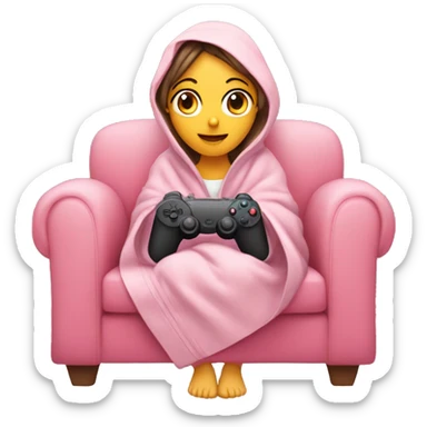 Girl wrapped up in a blanket sitting on a couch with a pink gaming controller in her hands sticker