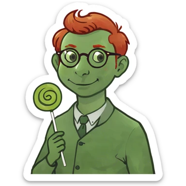 a red head with glasses, with an eggplant lollypop sticker
