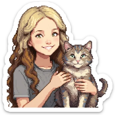 Remix: Beautiful girl with long wavy brown hair, inspired by the reference, petting a gray and blonde mixed cat, pixel art style, girl smiling, cat on her lap sticker