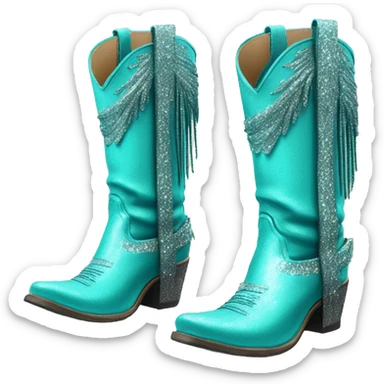 Realistic turquoise fashion cowgirl boots with sparkly shiny glitter fringe on them. sticker