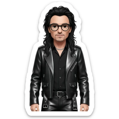 Bono with long black hair, black shirt, black metallic jacket, black metallic baggy pants, sliver necklace, black glasses sticker