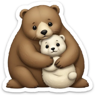 small white seal hugging a big brown bear sticker